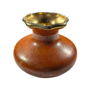 Vtg MCM vase Elynor China Orange Gold tone Fluted Made In USA speckled